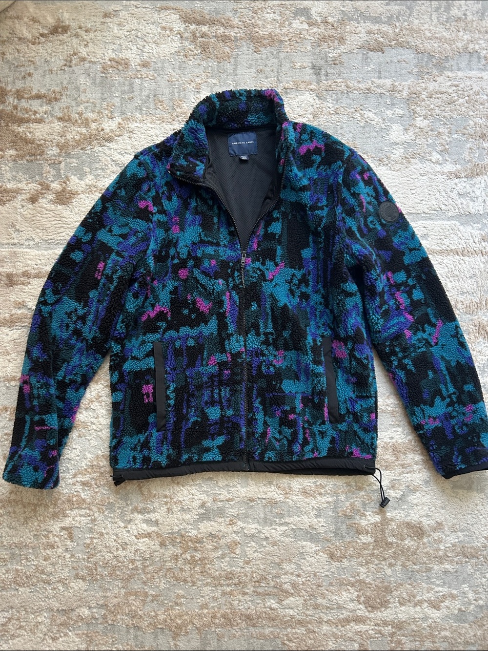 American Eagle Abstract Pattern Sherpa Zip-Up Jacket in Teal, Purple & Black